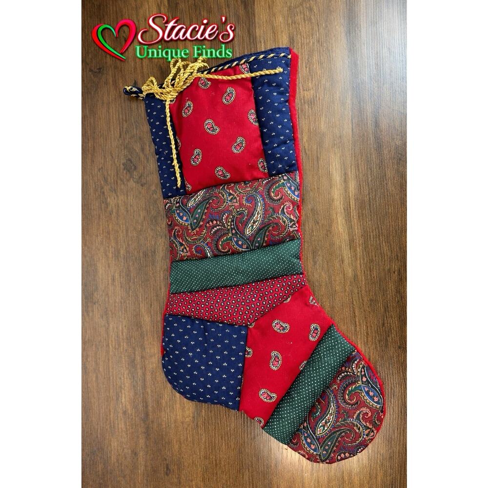 Quilted Christmas Stocking Appliqué Gold Bow Musical Notes Vintage Look